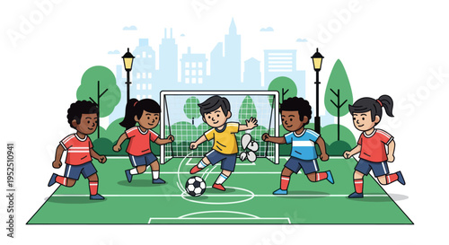 Diverse children playing soccer on a city park field with goal and buildings in background