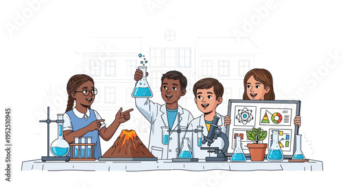 Diverse kids in lab coats experimenting with volcano and science equipment, illustration