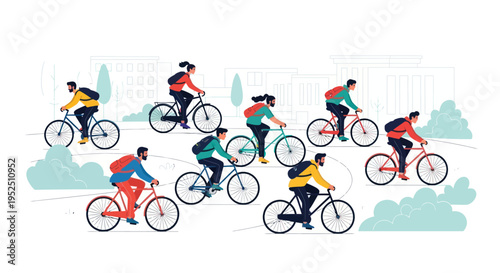 Diverse group of people cycling together in a city, enjoying active lifestyle and urban commute.