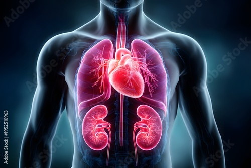 Human internal organs including heart lungs and kidneys shown with a focus on potential heart attack