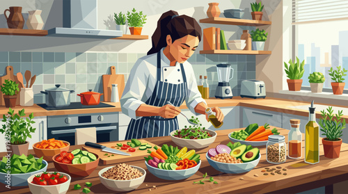 An illustration of a focused female chef in an apron preparing a fresh, healthy vegetable salad in a bright, modern kitchen, pouring olive oil for dressing.