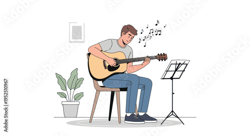 Man Playing Acoustic Guitar with Musical Notes and Sheet Music Stand