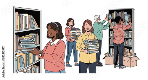 Diverse group of people organizing books on shelves in a library or bookstore