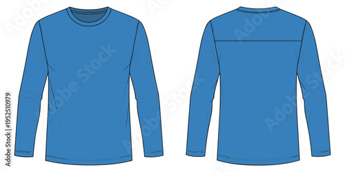 Front and back flat sketch of a blue long sleeve crew neck t-shirt fashion