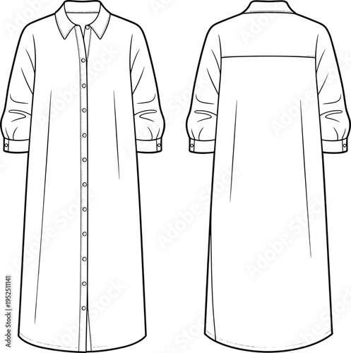 Front and back flat sketch of a long sleeve midi shirt dress with collar and buttons fashion clothing