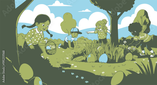 Kids on easter egg hunt in a shaded forest clearing with trees and scattered colorful eggs