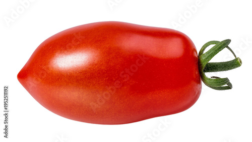 Isolated vibrant red ripe plum tomato with green calyx and stem, fresh organic vegetable