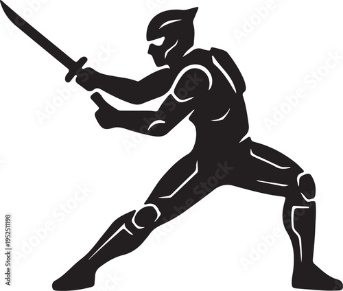 Black silhouette of a warrior figure in a dynamic fighting stance wielding a sharp katana sword