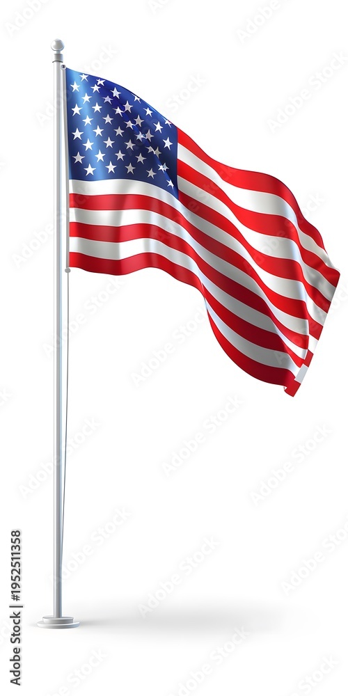 Fototapeta premium An American flag waves majestically on a flagpole against a white background