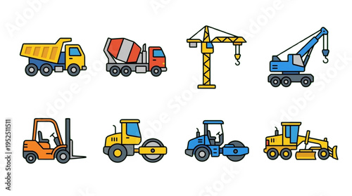 Construction Heavy Equipment Icons Set Industrial Machinery Transportation Vehicles Collection