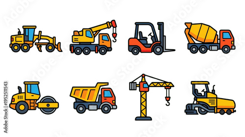 Construction vehicles and heavy machinery icons set on black background, industrial equipment collection vector
