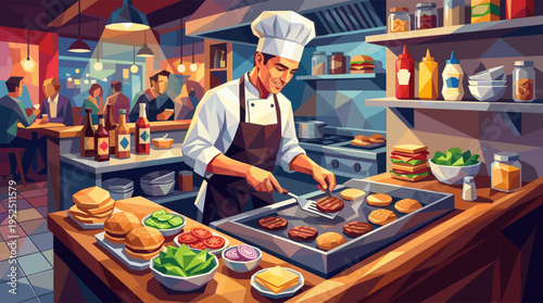 A smiling chef in a white uniform grills beef patties for hamburgers in a busy, modern restaurant kitchen, depicted in a vibrant, geometric illustration style.