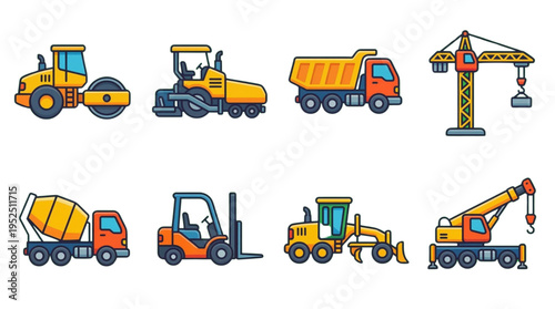 Construction Vehicles and Industrial Machinery Vector Icon Set on Black Background