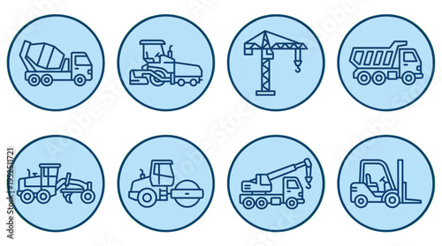 Industrial Construction Vehicles and Heavy Equipment Icons Set