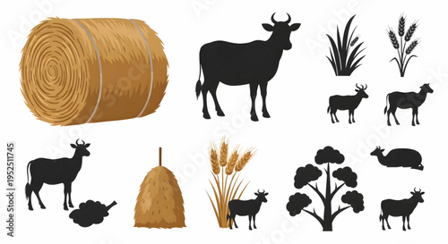 Farm animals and hay illustrations.