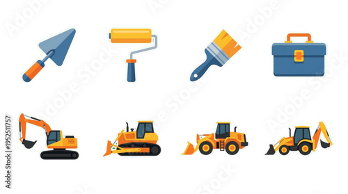 Construction Tools and Heavy Equipment Icons Set on Black Background Vector Illustration