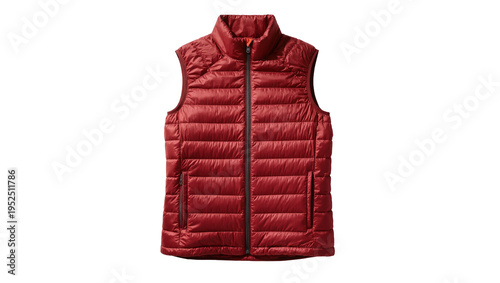 Isolated classic red sleeveless puffer vest featuring a full zip closure and practical pockets