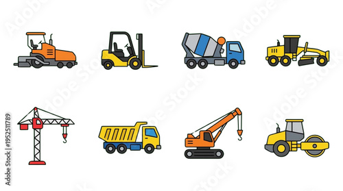 Essential Construction Vehicles Heavy Equipment Icons Collection on Black Background