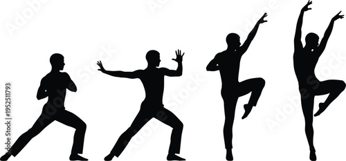 Black silhouette set of a male contemporary dancer performing expressive fluid movements and athletic martial arts poses isolated on a clean white background