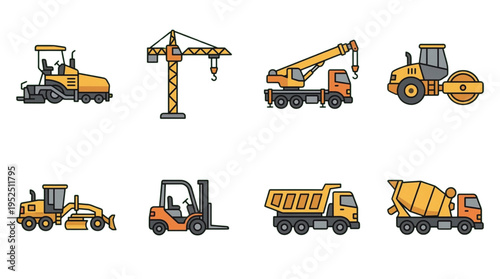 Construction Equipment Vehicle Icons Collection Heavy Machinery Set for Building Sites and Roadworks