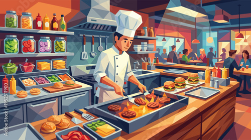 A stylized illustration of a professional chef grilling hamburger patties in a busy commercial kitchen with customers dining in the background.
