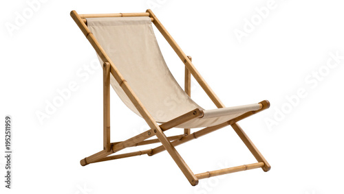 Isolated classic wooden beach chair with natural canvas fabric seat for summer relaxation