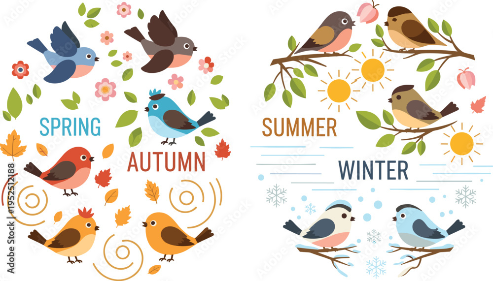 Obraz premium Four Seasons Birds Vector Illustration Set with Spring Flowers Summer Sun Autumn Leaves and Winter Snow Cute Cartoon Birds Collection