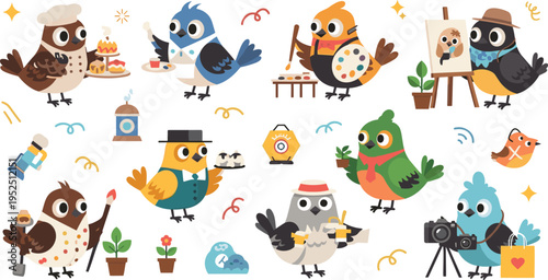 Cute Cartoon Birds Set with Creative Hobbies Activities Painting Cooking Photography Gardening and Artistic Characters Vector Illustration Collection