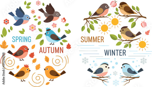 Four Seasons Birds Vector Illustration Set with Spring Flowers Summer Sun Autumn Leaves and Winter Snow Cute Cartoon Birds Collection