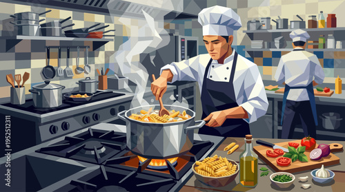 An illustration of a professional male chef in uniform stirring a steaming pot of pasta in a busy commercial kitchen.