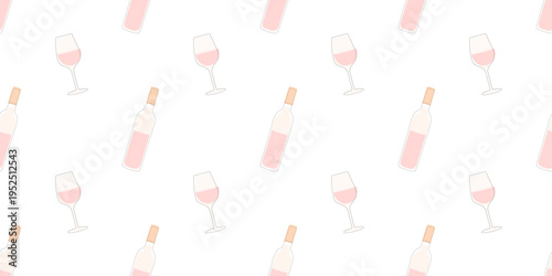 Rose wine bottles and glasses vector pattern