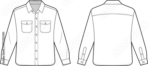 Front and back view of a long-sleeved collared shirt with chest pockets Keywords: shirt, collared shirt, long sleeve shirt