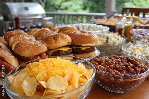 A spread of grilled burgers, hot dogs, potato chips, baked beans and various salads for an outdoor meal