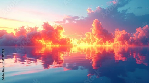 Sunset clouds ablaze above tranquil water, reflections enhance the light