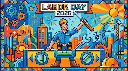 Labor Day 2026 Celebration with a Construction Worker and Cityscape Background.