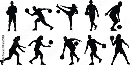 Basketball players silhouettes collection, men and women dribbling and playing poses, black athlete figures isolated on white background, sports action concept set