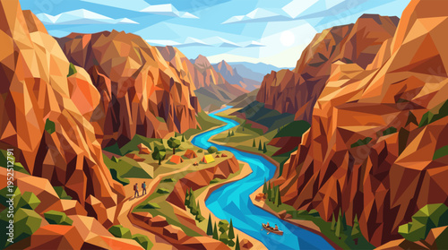 A low poly vector illustration of an adventurous trip in a grand canyon with people hiking, canoeing on the river, and camping in tents under a sunny sky.