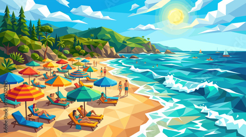 A vibrant, low-poly illustration of a crowded tropical beach on a sunny day with people relaxing under colorful umbrellas and swimming in the turquoise ocean.