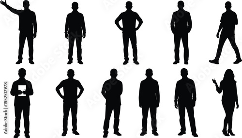 Business people silhouettes collection, men and woman standing in different poses, corporate human figures isolated on white background, professional lifestyle concept set