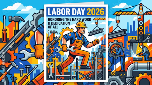 Labor Day 2026: A vibrant illustration honoring the hard work and dedication of all laborers with construction elements.