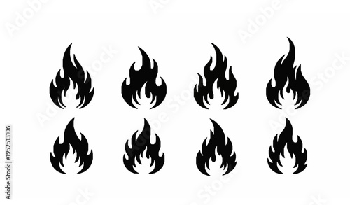 Black flame icon set with tribal fire shapes minimal bold logo elements vector collection