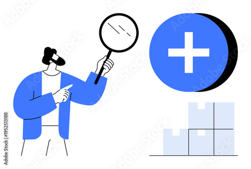 Supply chain management. Supply chain with magnifying glass improving process analysis and efficiency. Supply chain optimization for logistics, data analysis, inventory systems, e-commerce