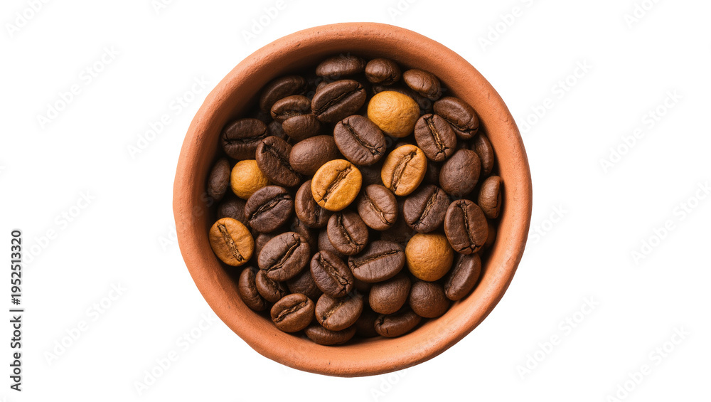 Fototapeta premium Isolated brown roasted coffee beans and lighter ones in a rustic clay bowl, natural ingredient.