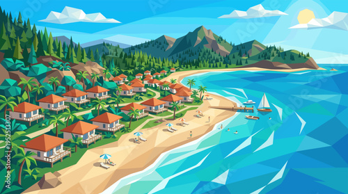 A low poly style illustration of an idyllic tropical resort with bungalows on a sandy beach by a turquoise ocean.