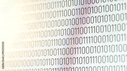 Digital binary code of ones and zeros flowing upwards on the monitor screen. Binary data stream of zeros and ones moving up the screen, symbolizing information processing and computing