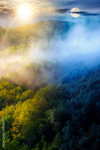 mountain landscape with cold fog. day and night time change concept. low clouds over the forested hill with sun and moon. outdoor scenery in spring for remote highland ecotourism. wonderful greenery