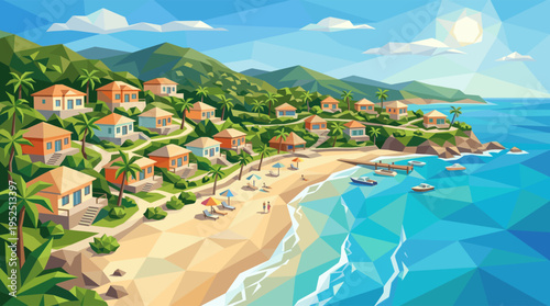 Geometric vector art of an idyllic coastal village with palm trees on a green hill, overlooking a sandy beach and clear turquoise ocean water.