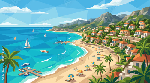 A vibrant, low-poly vector illustration of an idyllic coastal village with villas nestled on a green mountain overlooking a sunny beach with turquoise water, palm trees, and boats.