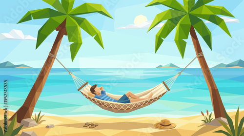 A man rests peacefully in a hammock strung between two palm trees on a tranquil, sunny beach in this low-poly style vector illustration.