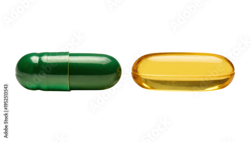 фотографія Isolated green pharmaceutical capsule and yellow transparent softgel omega 3 supplement pills